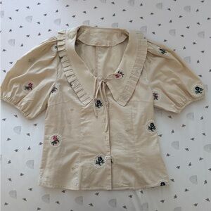 W Concept Cream Doll Collar Blouse with Floral Embroidery